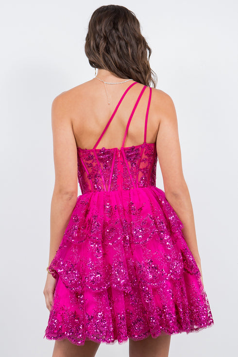 Lace One-Shoulder Tiered Skirt Cocktail Dress for Women 4/XS-16/3X